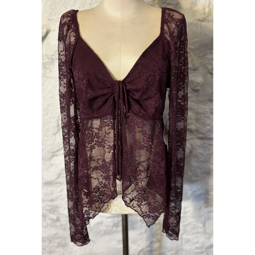 NWT Burgundy  Sheer Lace Mesh Top Ruched Tie Y2K Indie Sleaze Fairy Goth XL